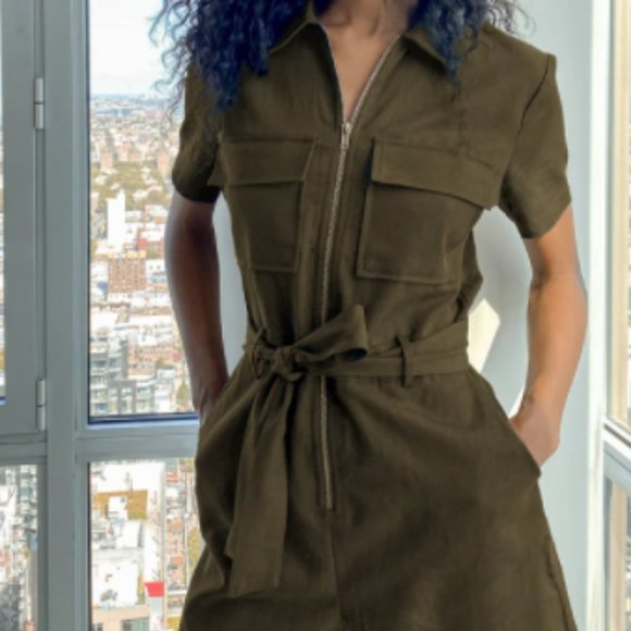 Olive Green Zip-Front Utility Romper - Picture 1 of 5